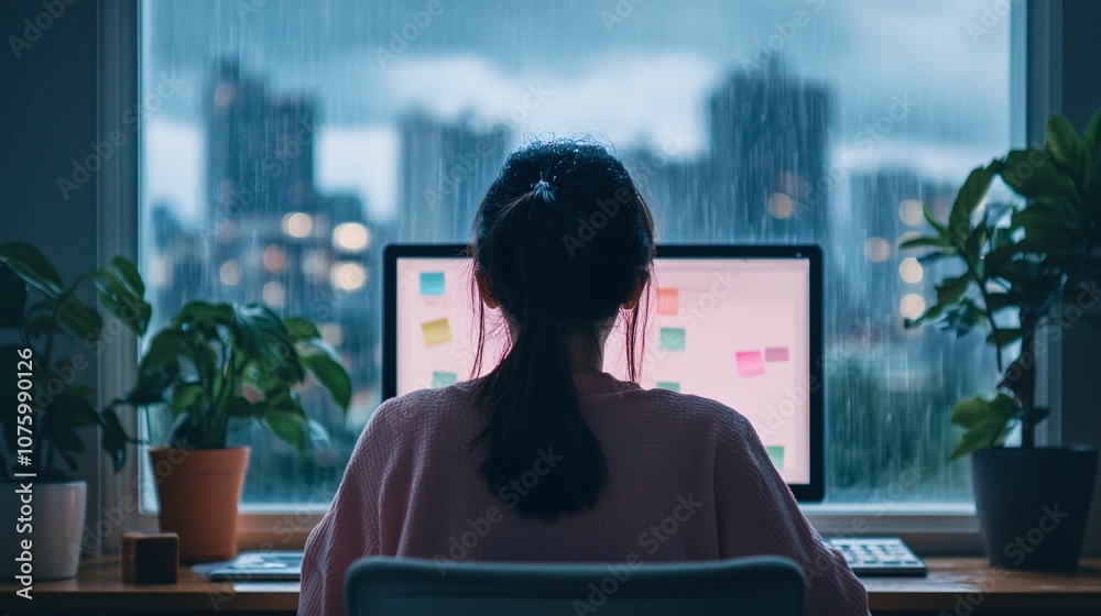 Peaceful Study Session by the Window Featuring a Girl Engrossed in Lofi Music Amidst Rainy Cityscape with Indoor Plants Enhancing Focus and Calmness Peaceful Study Session by the Window Featuring a Girl Engrossed in Lofi Music Amidst Rainy Cityscape with Indoor Plants Enhancing Focus and Calmness