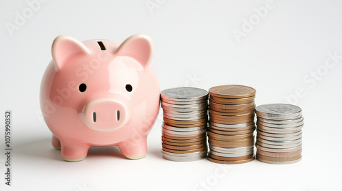 pink piggy bank next to stacks of coins symbolizes saving and financial growth. This conveys importance of saving money for future needs and goals.