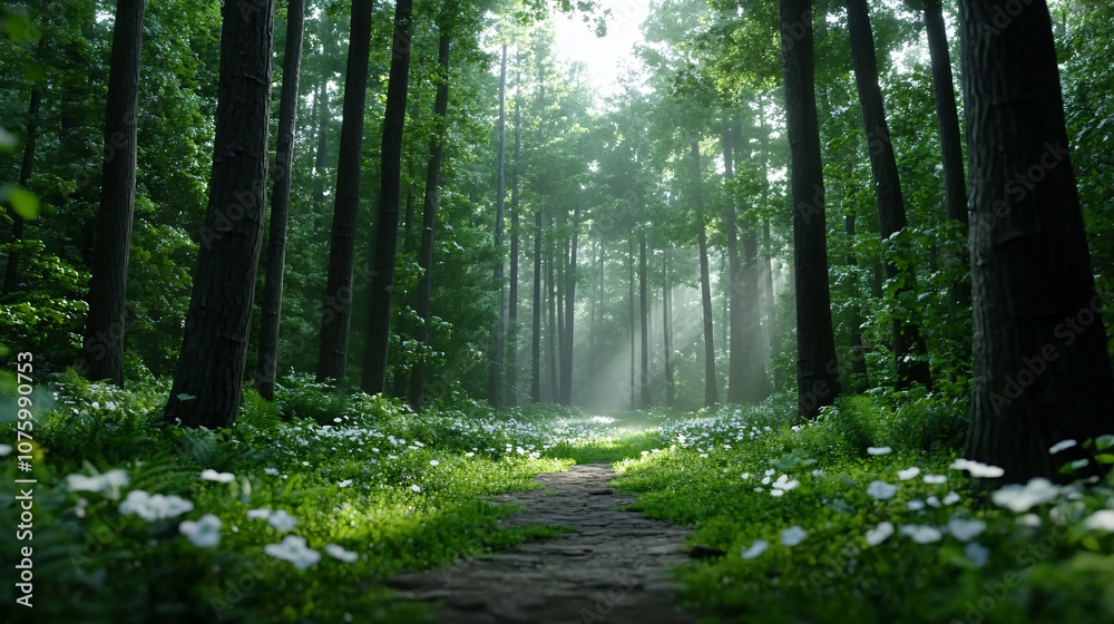 Fototapeta premium Enchanted Forest with Glowing Flowers and Towering Trees