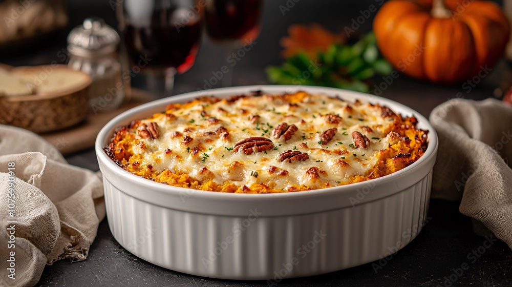 A Rustic and Realistic Dish of Baked Sweet Potato Casserole Topped with Pecans, Perfectly Styled for Commercial Use in Fall and Holiday Settings A Rustic and Realistic Dish of Baked Sweet Potato Casserole Topped with Pecans, Perfectly Styled for Commercial Use in Fall and Holiday Settings
