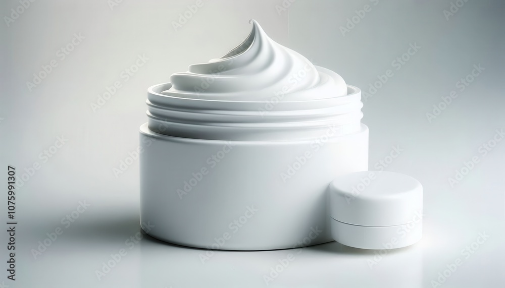 White jar filled with swirling white cream, lid off to the side, perfect for beauty product advertising. White jar filled with swirling white cream, lid off to the side, perfect for beauty product advertising.