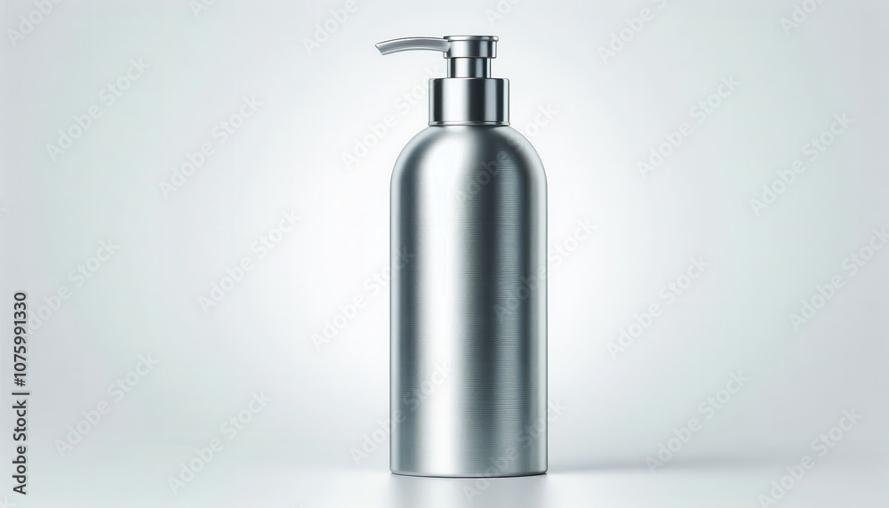 Sleek silver pump bottle on a light gray background, perfect for showcasing premium liquid products. Sleek silver pump bottle on a light gray background, perfect for showcasing premium liquid products.