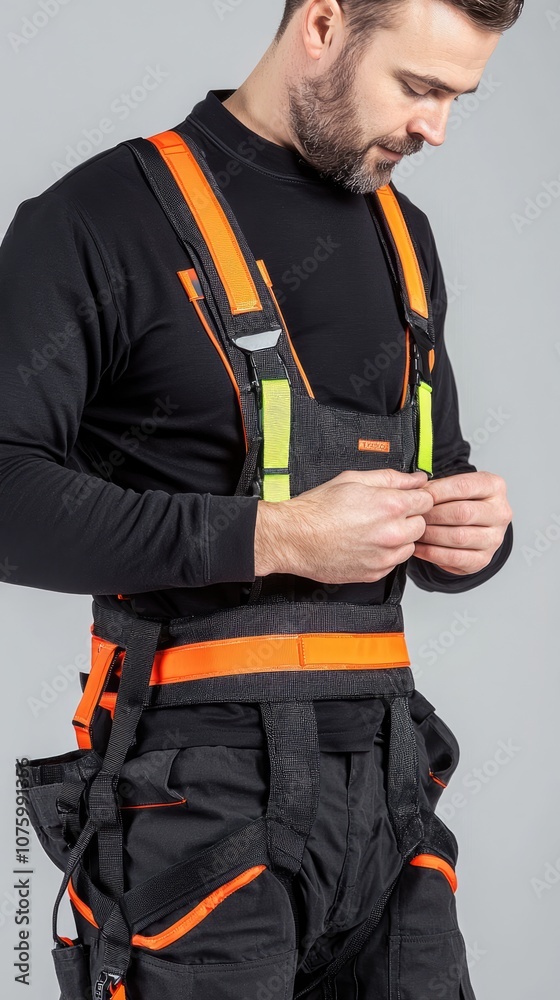 Professional Male Worker Adjusting Safety Harness with Bright Straps on Gray Background, Representing Commitment to Workplace Safety and Protection in Industrial Environments Professional Male Worker Adjusting Safety Harness with Bright Straps on Gray Background, Representing Commitment to Workplace Safety and Protection in Industrial Environments
