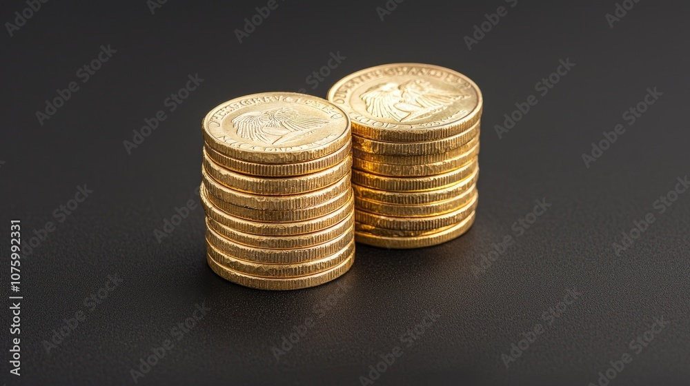 Stacks of shiny gold coins arranged neatly on a dark background, showcasing their intricate details and reflecting light in a captivating manner for financial imagery. Stacks of shiny gold coins arranged neatly on a dark background, showcasing their intricate details and reflecting light in a captivating manner for financial imagery.