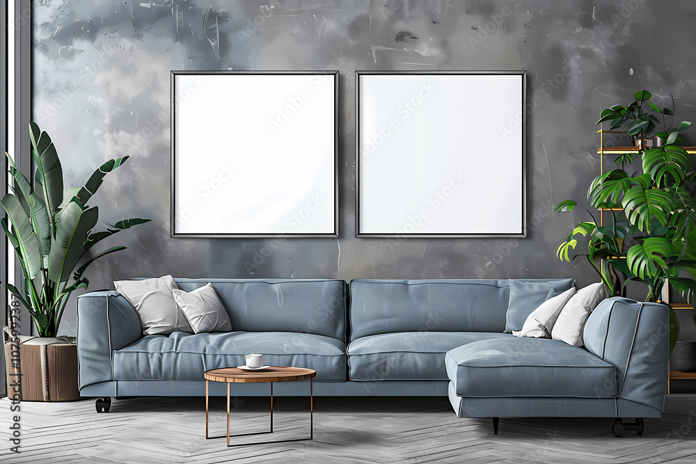 A modern blue sectional sofa in a stylish, minimalist living room adorned with plants and empty frames, creating a serene ambiance. A modern blue sectional sofa in a stylish, minimalist living room adorned with plants and empty frames, creating a serene ambiance.