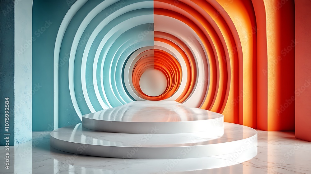 Obraz premium Abstract 3D background with blue and orange concentric circles and a white podium.
