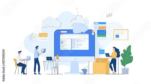 A digital workspace scene illustrating collaboration and technology use.
