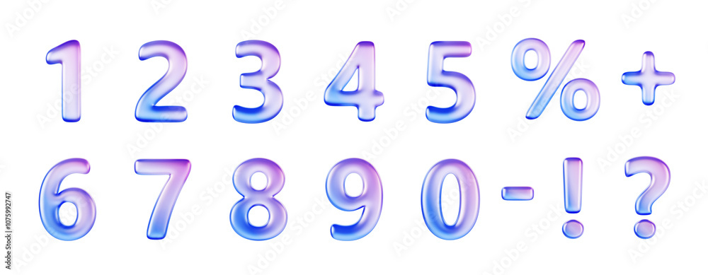 3d holographic font, glass liquid numbers from 0 to 9, percent sign, question mark, exclamation point, plus and minus symbol. Iridescent gradient balloons, isolated render icon set. 3D illustration 3d holographic font, glass liquid numbers from 0 to 9, percent sign, question mark, exclamation point, plus and minus symbol. Iridescent gradient balloons, isolated render icon set. 3D illustration