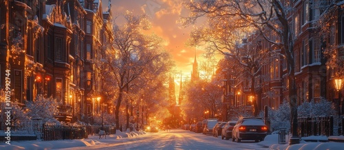 Snowy Street at Sunset