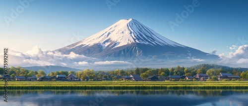 Explore the majestic beauty of mount fuji surrounded by tranquil rice fields and lush greenery
