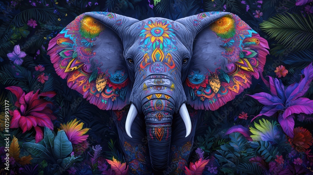 Obraz premium Vibrant and Colorful Artistic Representation of an Elephant Surrounded by Exotic Plants and Flora in a Lush Tropical Landscape