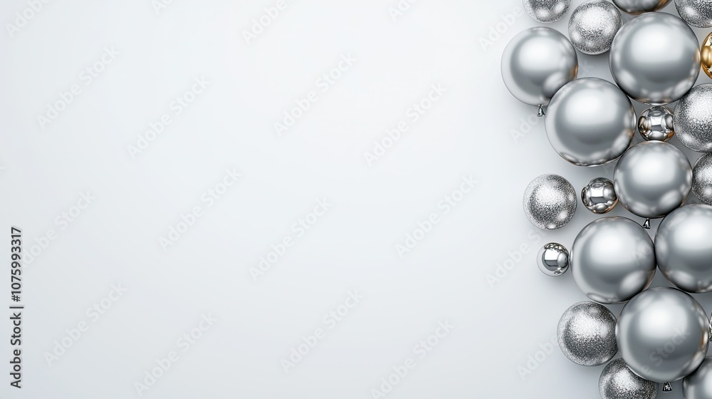 Silver and Gold Holiday Ornaments in Various Sizes Arranged on a Light Gray Background for Festive Decoration and Seasonal Celebration Concepts