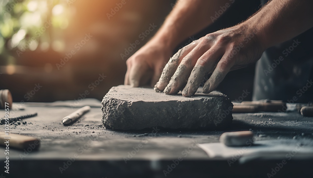A close-up view of hands shaping wet cement on a wooden table, capturing the artistry and craftsmanship involved in concrete work. A close-up view of hands shaping wet cement on a wooden table, capturing the artistry and craftsmanship involved in concrete work.