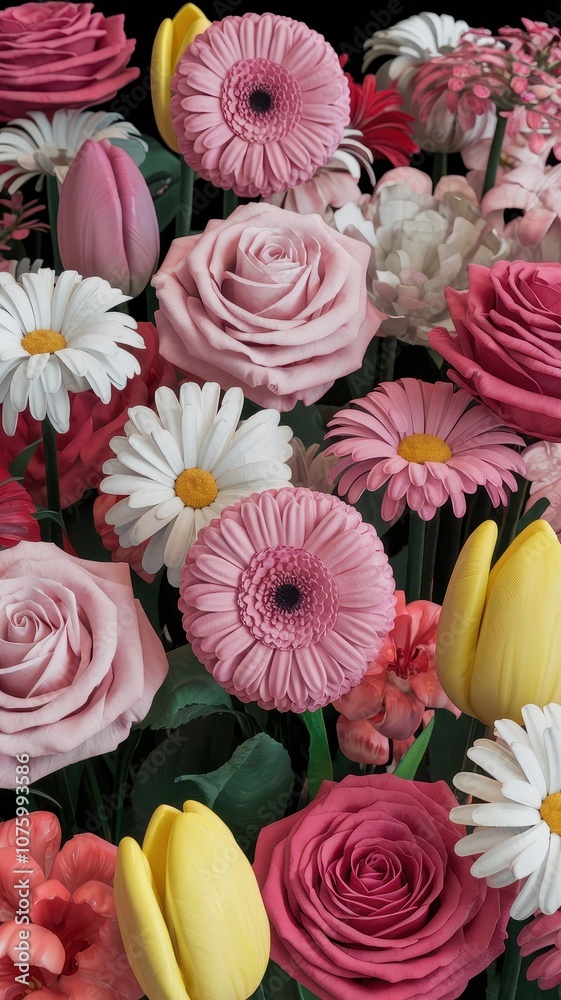 Fototapeta premium Still Life of Colorful Artificial Flowers with Polka Dots and Stripes