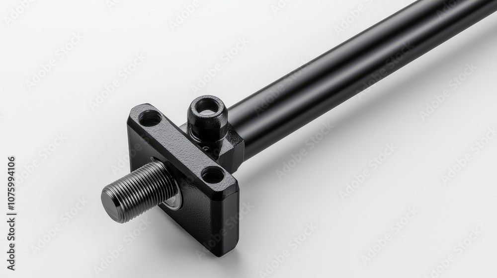 Close-up View of a Black Steel Rod with a Threaded End and Mounting Bracket for Mechanical Engineering and Industrial Applications Close-up View of a Black Steel Rod with a Threaded End and Mounting Bracket for Mechanical Engineering and Industrial Applications