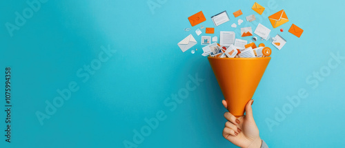 Lead Generation Strategies, individual managing a funnel filled with leads, surrounded by icons illustrating various lead generation methods