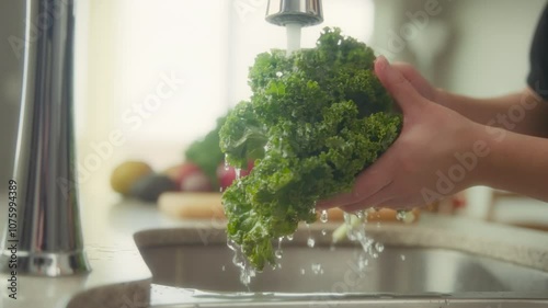 Woman's hands washing kale under tap water. Slow motion.