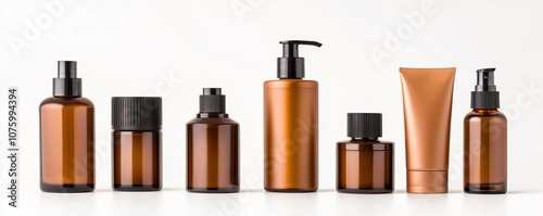 Obraz na płótnie A collection of modern amber glass bottles and jars for cosmetics, skincare, or personal care products, arranged neatly on a light background. w salonie