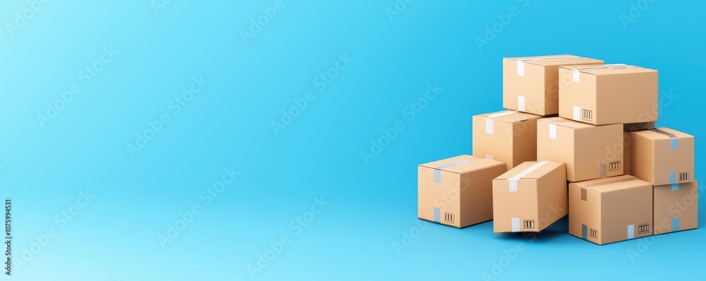 A collection of stacked cardboard boxes on a blue background, representing shipping, packaging, and inventory concepts. A collection of stacked cardboard boxes on a blue background, representing shipping, packaging, and inventory concepts.