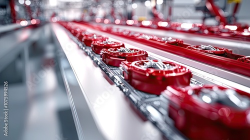 Wallpaper Mural High-Tech Manufacturing Line with Red Components and Automated Robots, Showcasing Precision Engineering in a Modern Production Facility Torontodigital.ca