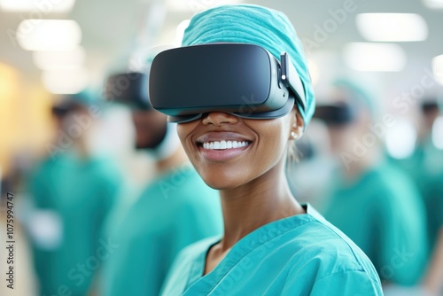 A smiling healthcare professional in scrubs wears a virtual reality headset, engaging in innovative medical training with colleagues in the background.