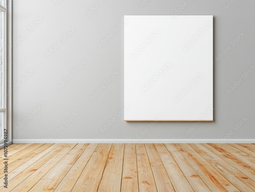 A minimalistic room with a blank canvas on the wall, wooden flooring, and large windows allowing natural light to brighten the space. A minimalistic room with a blank canvas on the wall, wooden flooring, and large windows allowing natural light to brighten the space.