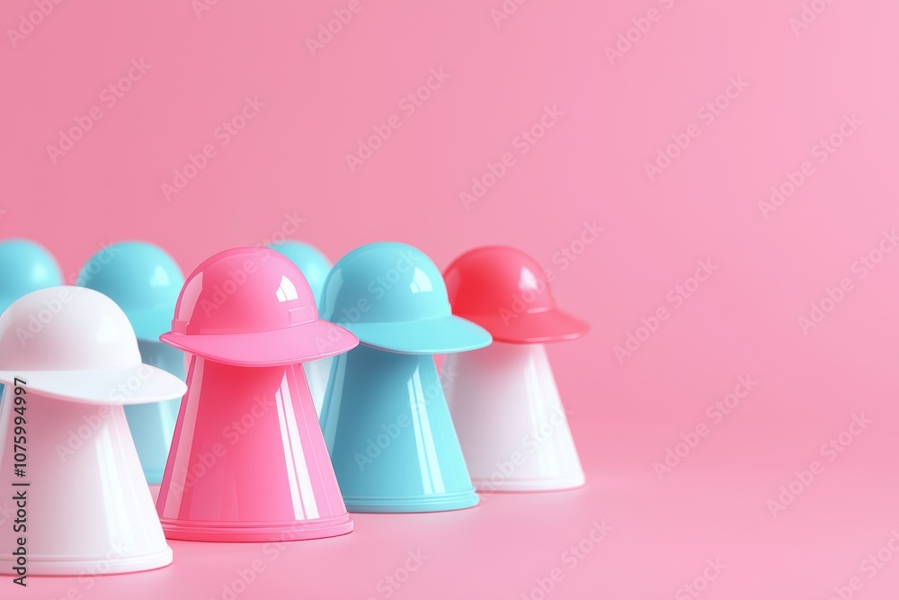 Colorful plastic toys arranged in a line against a pink background, featuring vibrant pink, blue, and white hats. Colorful plastic toys arranged in a line against a pink background, featuring vibrant pink, blue, and white hats.