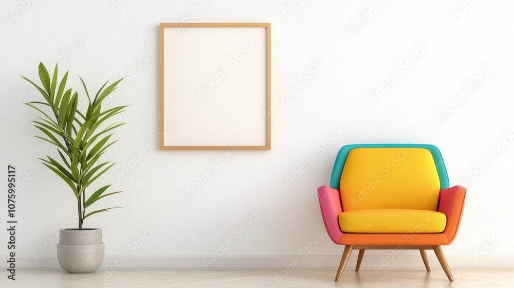 A bright and modern room featuring a colorful chair, a blank framed picture, and a potted plant against a minimalist wall. A bright and modern room featuring a colorful chair, a blank framed picture, and a potted plant against a minimalist wall.