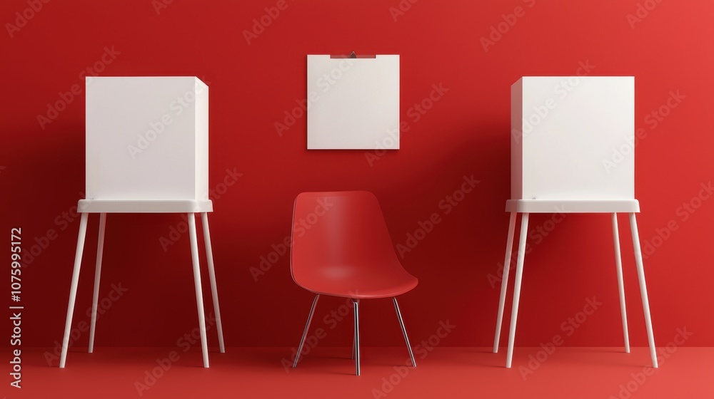 Fototapeta premium A minimalist interior setup featuring a red wall, two white cabinets, and a red chair, creating a modern and vibrant aesthetic.