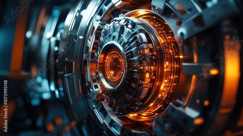 Closeup of a glowing, intricate, futuristic machine with gears and a central core.