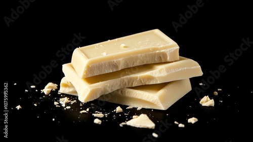 Pile of three pieces of white chocolate isolated on a black background with a clipping path, high-resolution photography.