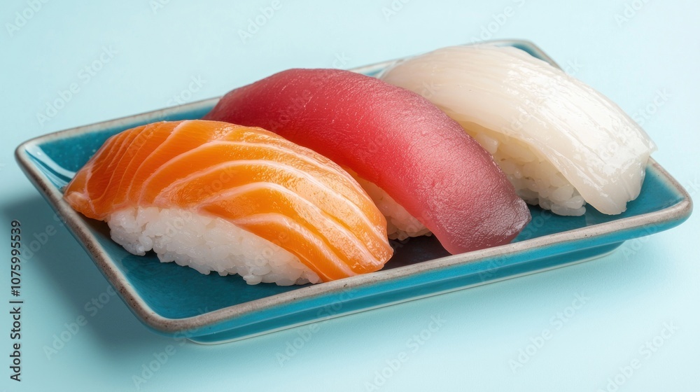 A colorful sushi platter featuring three varieties of nigiri: salmon, tuna, and white fish, presented on a blue plate against a light background. A colorful sushi platter featuring three varieties of nigiri: salmon, tuna, and white fish, presented on a blue plate against a light background.