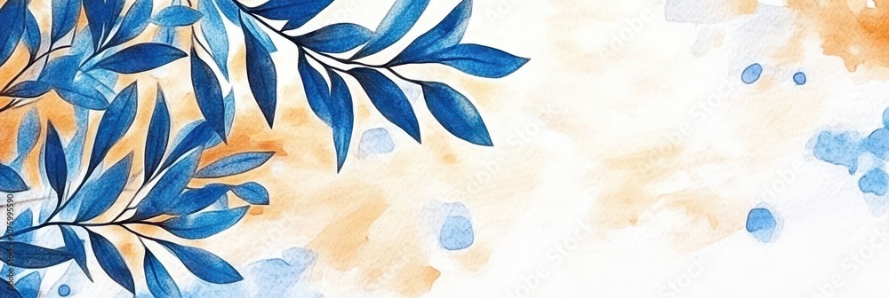 Fototapeta premium Greek independence day celebration design with olive branches and abstract watercolor background. Horizontal banner. Copy space. Blue and white watercolor background