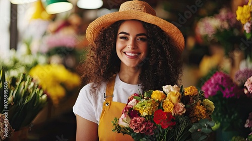 Smiling woman holding a bouquet of colorful flowers in a vibrant floral shop. photo