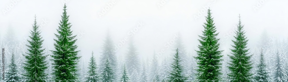 Fototapeta premium Serene foggy forest showcasing majestic evergreen trees. A tranquil scene perfect for nature lovers and those seeking peace and inspiration from nature.
