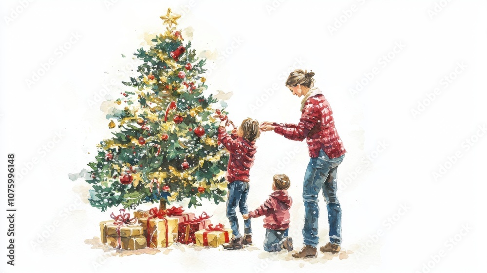 A joyful family decorating a Christmas tree together, embodying the spirit of the holiday season with love and warmth. A joyful family decorating a Christmas tree together, embodying the spirit of the holiday season with love and warmth.