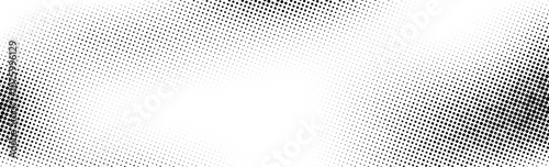 Grunge halftone background. Faded grit noise gradient texture. White and black sand wallpaper. Wide long retro pixelated backdrop. Anime or manga comic style overlay. Halftone gritty frame. Vector