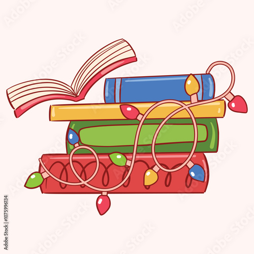 Colorful Stack of Books Draped with Festive String Lights