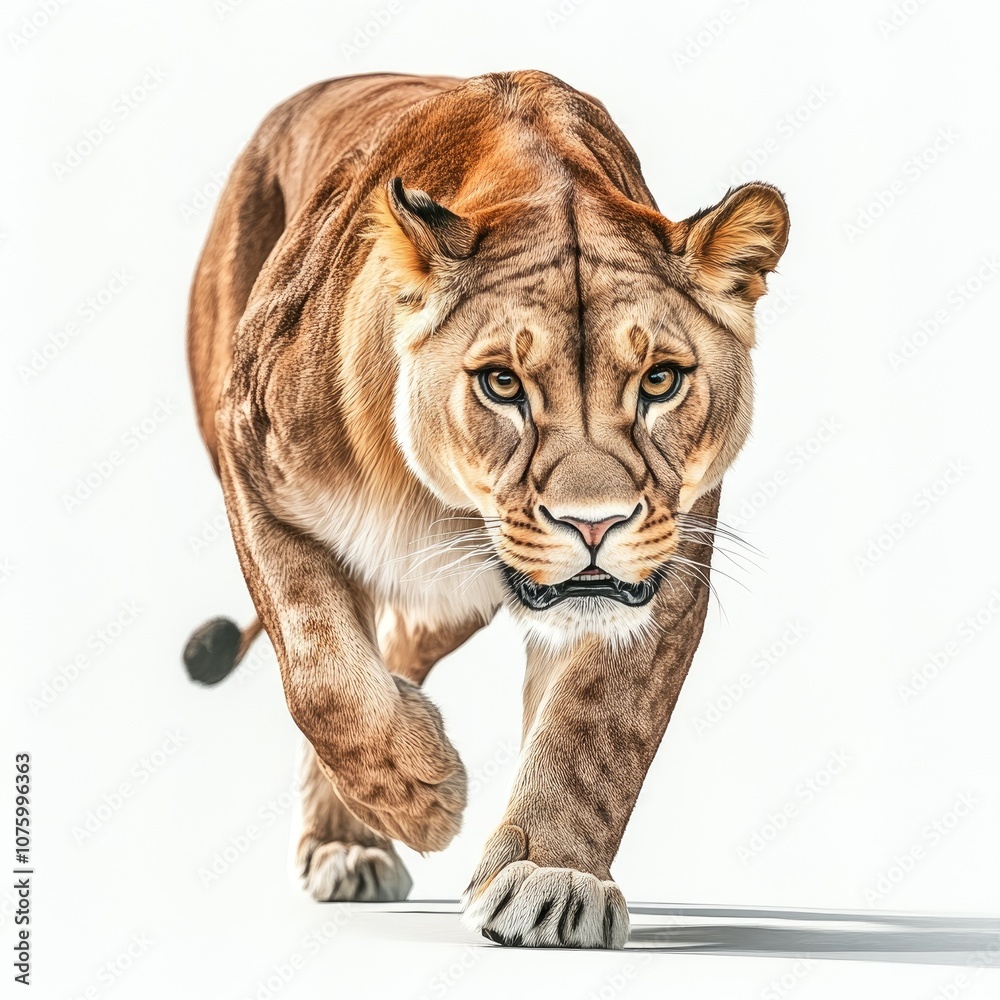 Fototapeta premium Majestic Female Lion in Dynamic Pose Conveying Strength and Grace, Captured with Incredible Detail and Realism Against a Clean White Background
