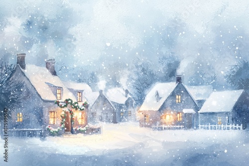 A serene winter village scene with cozy homes covered in snow, holiday decorations, and softly glowing windows under a snowy sky.