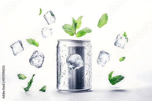 Carbonated drink in a aluminium tin can on the background of ice cubes and fresh mint leaves. 