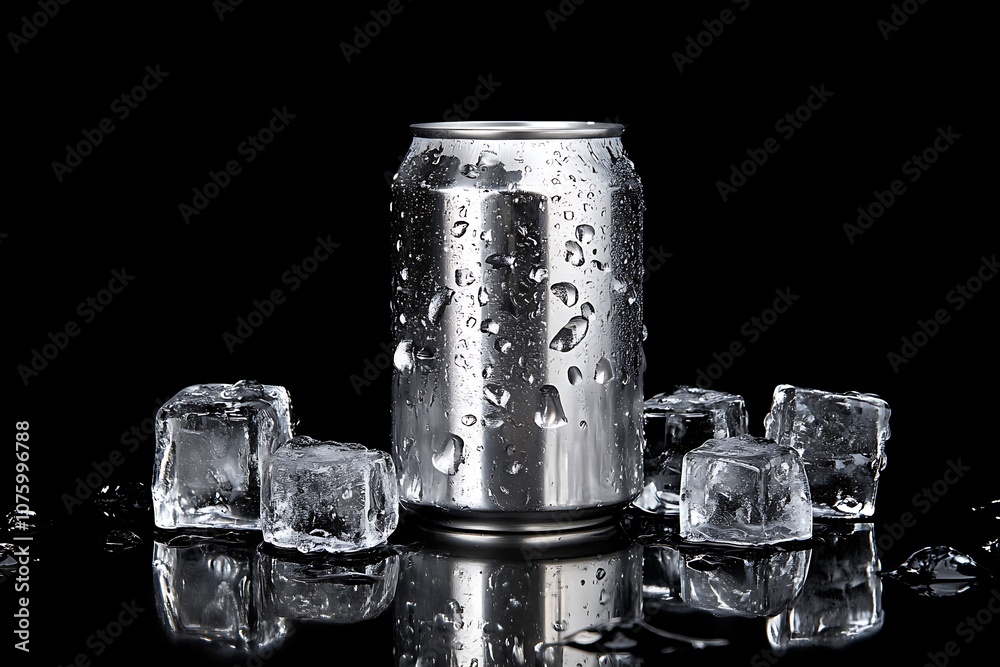 Aluminium can of energy drink and ice cubes on black table