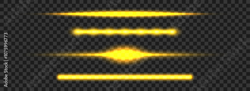Yellow neon tube lamp set. Glowing led light line beam collection. Bright luminous fluorescent bar stick lines. Shining warm color strip element pack to divide, separate, decorate. Vector illustration