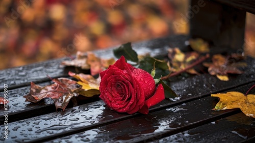 Two Red Roses on Wet Ground with Autumn Leaves and Rain Droplets