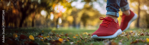 Close up of person walking outdoors through a park in the fall wearing red sneakers tennis shoes