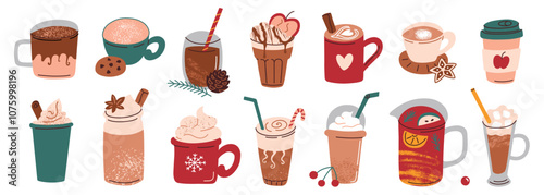 Vector illustration set of cozy winter drinks in cups and mugs, coffee with whipped cream, candy cane, cinnamon, and anise. Hot chocolate, mulled wine for festive Christmas mood in flat cartoon style
