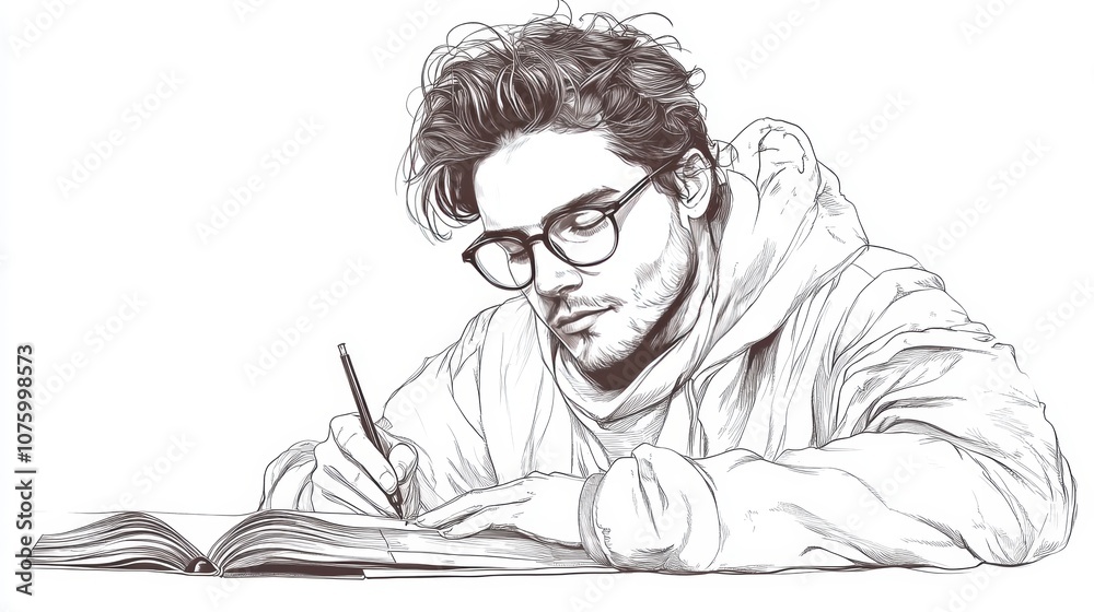 cool young hipster writer writes a book one line linear vector illustration in the form of vector painting technique. white background. super Hd Ultra for magazine. cool young hipster writer writes a book one line linear vector illustration in the form of vector painting technique. white background. super Hd Ultra for magazine.