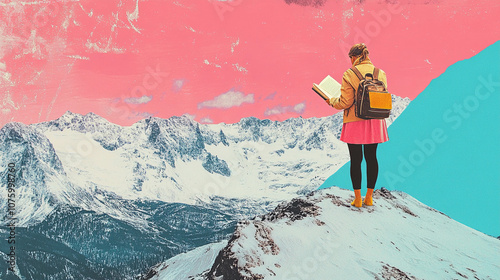 A woman stands over a mountain range view transported reading a book colorful retro collage