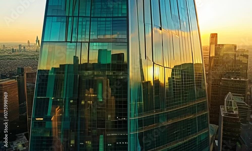 Aerial close-up shot of skyscraper windows at sunset, with reflections of the bustling city below, dramatic shadows and golden lighting