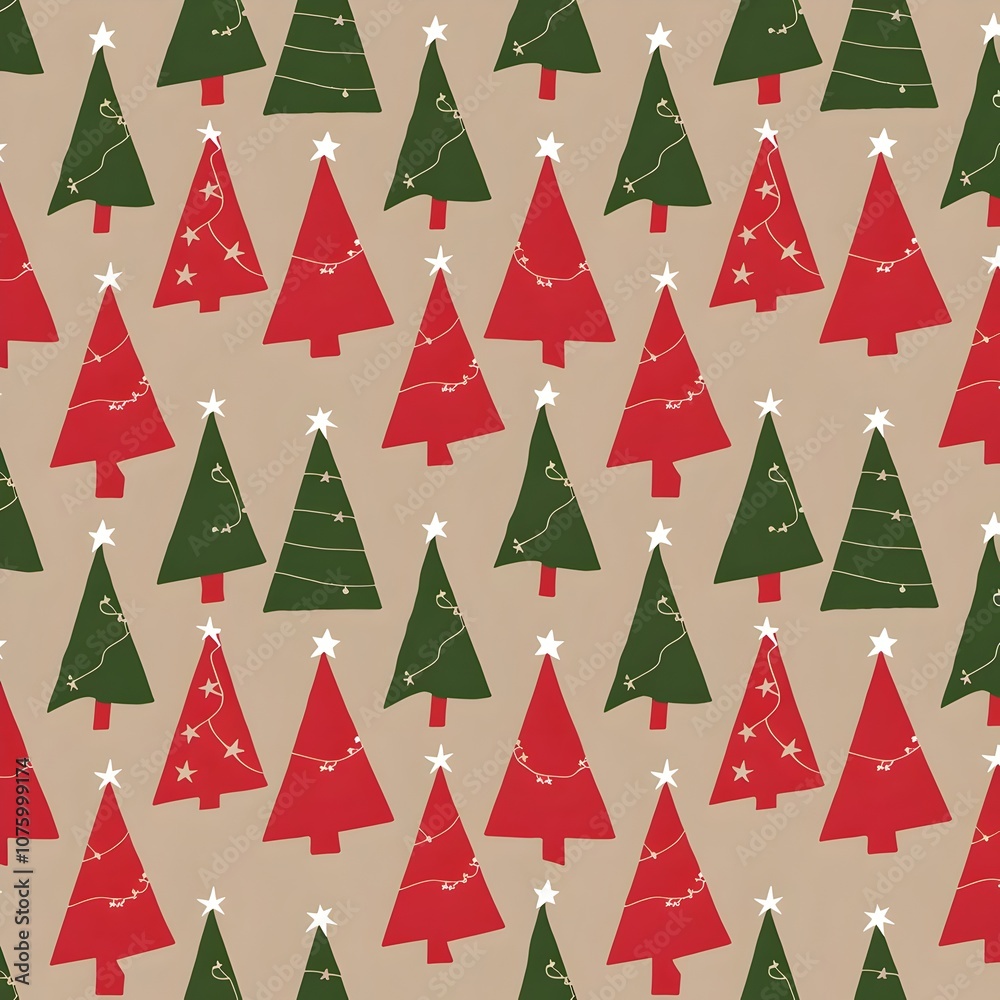 Christmas Tree Pattern with Red and Green Trees on Beige Background Christmas Tree Pattern with Red and Green Trees on Beige Background